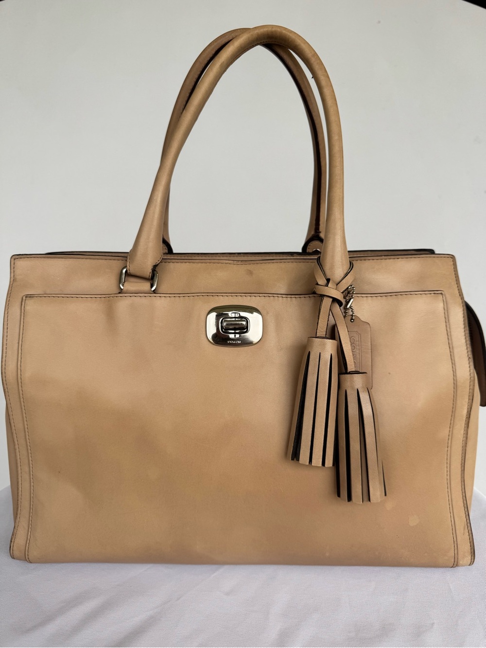 Coach Beige Leather Tote with Tassel Accents & Hang Tag